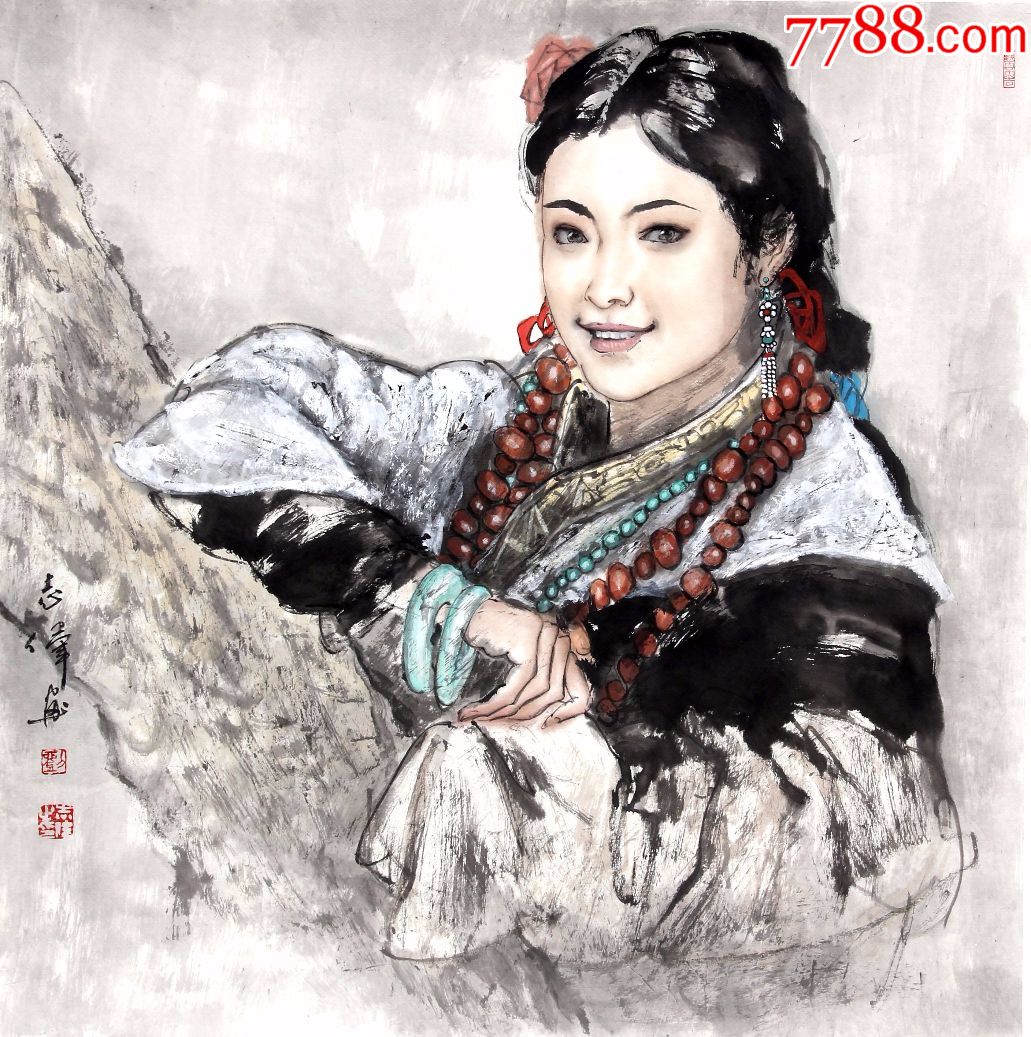 画家刘志伟写意人物《藏族女孩》_人物国画原作_三友画社【7788收藏
