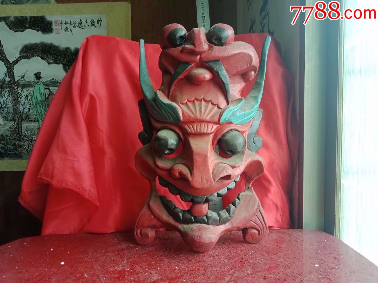 大面具鬼脸辟邪,八十年代龙眼木纯手工雕刻,古董古玩收藏品包邮