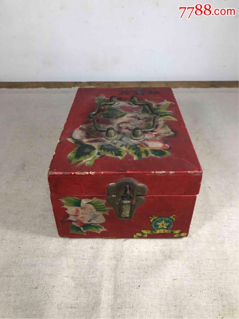 古董古玩收藏月月红民国花卉首饰盒化妆盒木盒子木匣小盒子梳妆镜