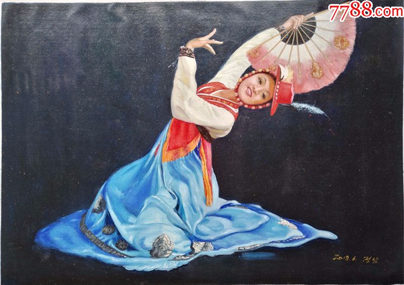朝鲜人民画家京南人物油画扇子舞美女