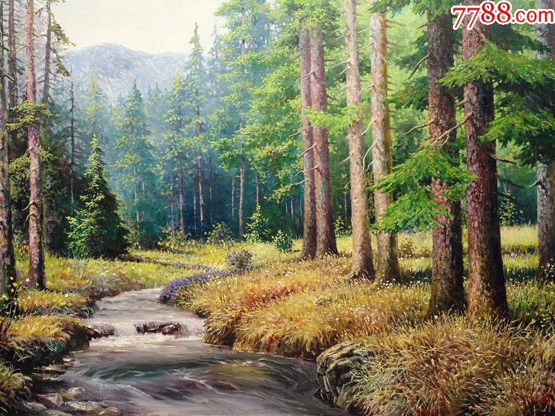 朝鲜一级画家风景油画林间小溪
