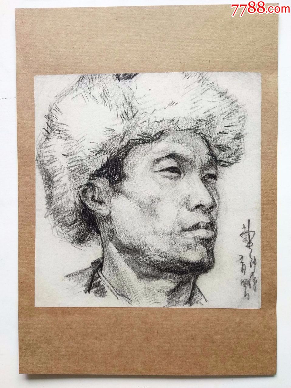 包真七十年代铅笔素描画稿原稿《戴暖帽的男性》