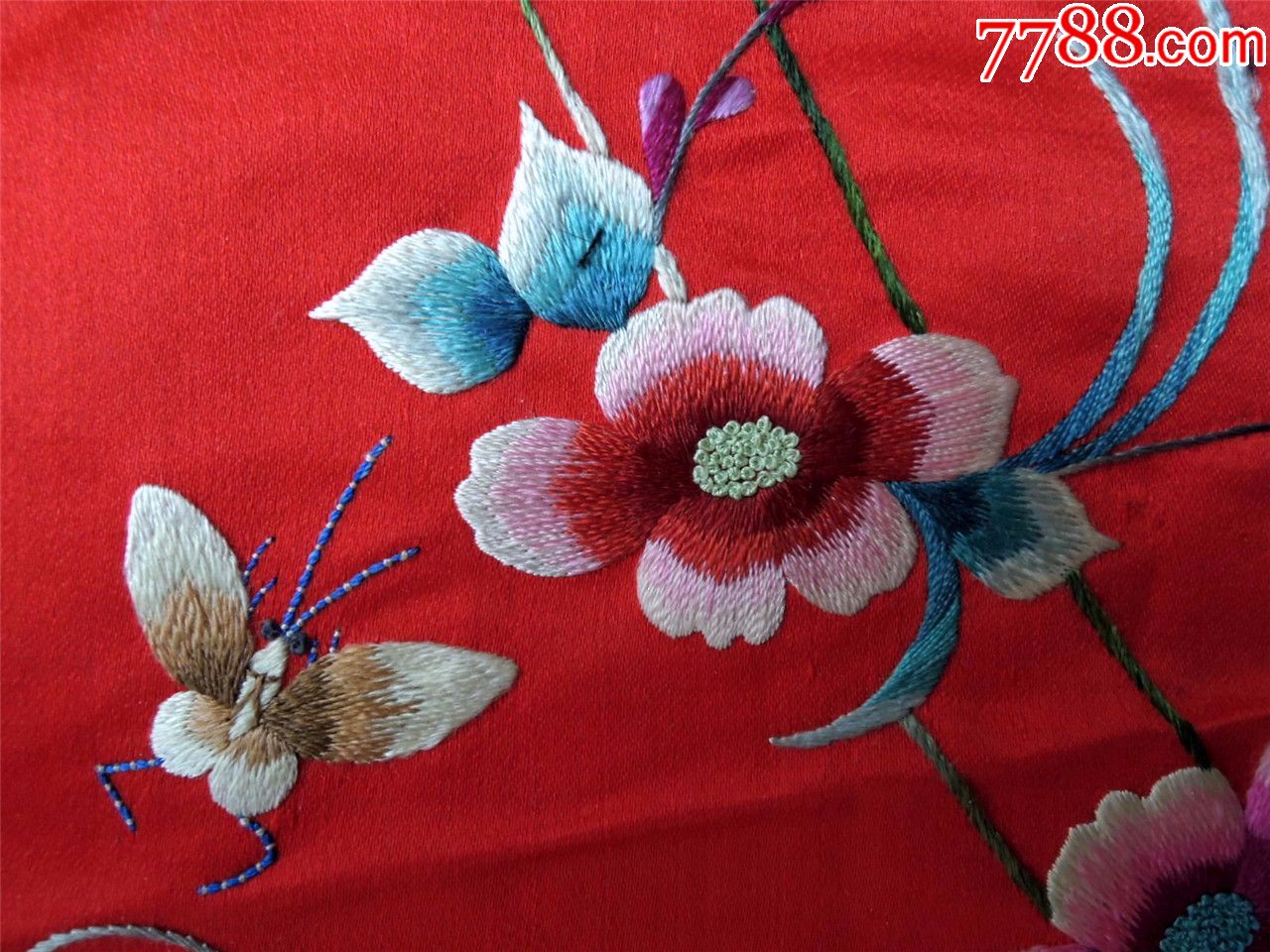 刺绣收藏1807-民国边疆手工绣缎面花开富贵绣片四件套