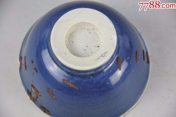 清三代雍正单色釉蓝色釉霁蓝碗锔瓷茶碗茶杯景德镇古董古玩收藏品