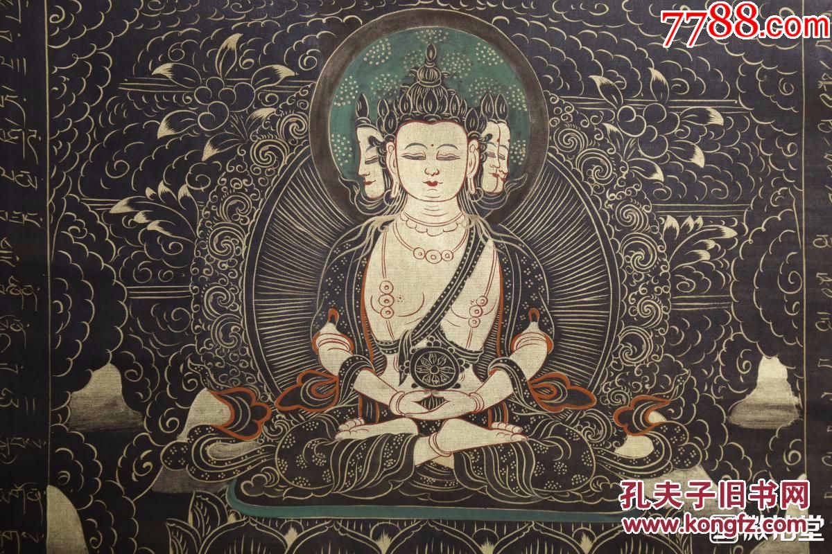 精品,老唐卡,大日如来,布料.纯矿物质描金绘画,背后带