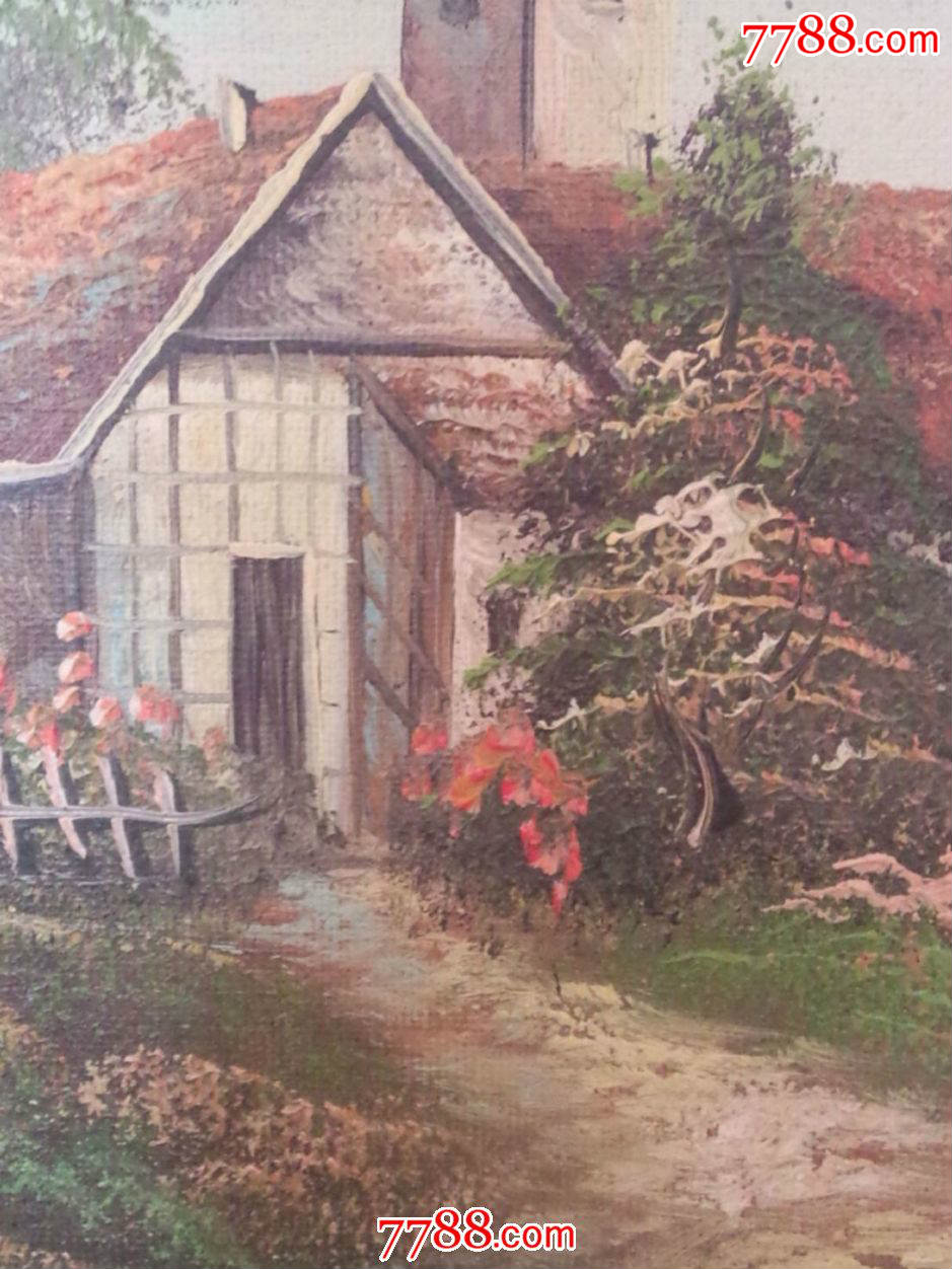 老布面风景油画—清凉夏日的湖边小屋