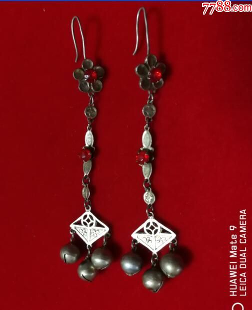 清代老银器美女戴的银耳环一对包老全品带红宝石情人节礼物