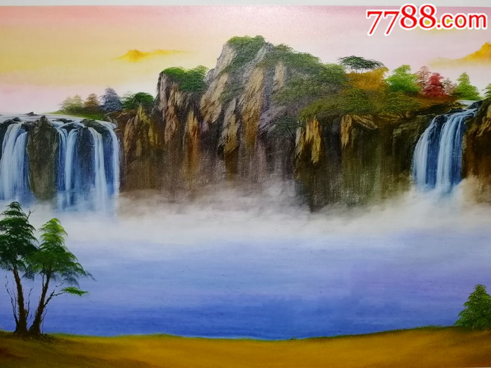本作品寓意有:聚宝盆,两边瀑布左右逢源,旭日东升蒸蒸日上,有招财树和挡灾树,房子寓意人丁兴旺,远处有金山银山,近处黄金遍地。一幅非常好的风水格局油画,尺寸约240*100,纯手绘油画。支持来图来尺寸订制,支持视频验证创作过程,有意请加15057932425