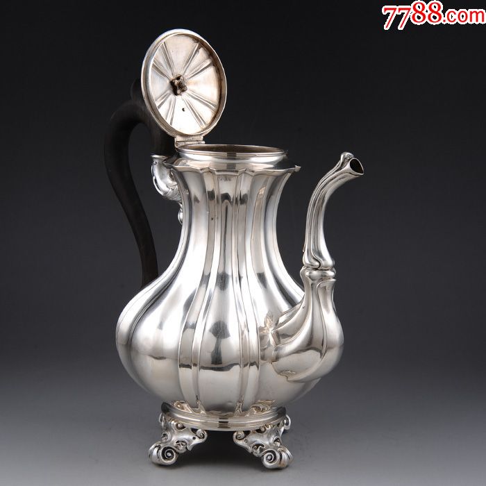 约640克法国瓜棱形浮雕花卉950纯银壶全品特惠西洋古董银器