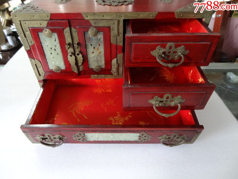 精品朝鲜高丽铜皮玉石镶嵌老木制宝石箱化妆箱木器