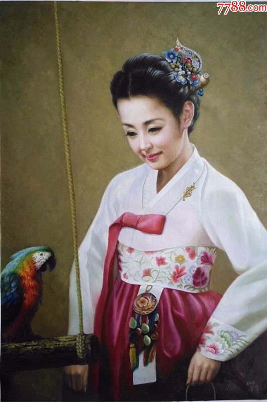 朝鲜一级画家郑赫美女油画(美女与鹦鹉)