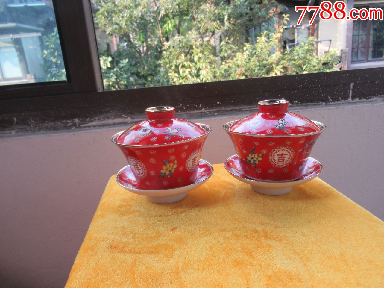 【盖碗茶杯收藏】中国红釉瓷吉祥如意一对盖碗茶杯(完美品相)