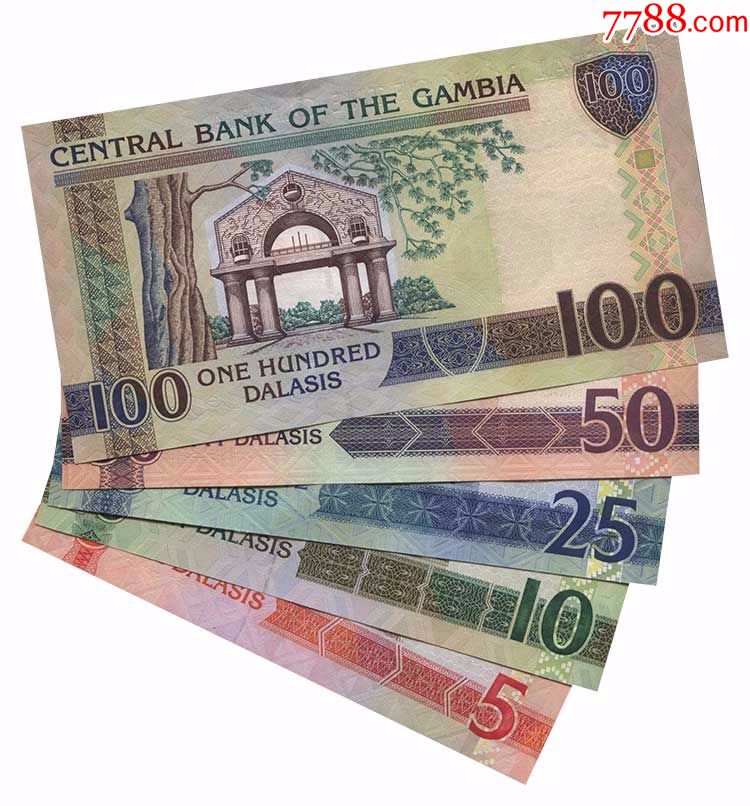 全新冈比亚5-100达拉西5枚纸钞套装(鸟版)纸币