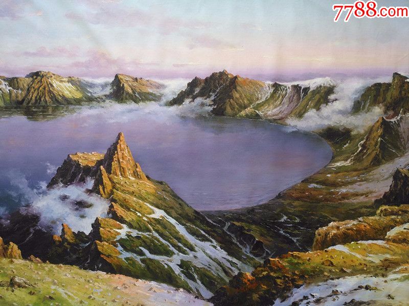 朝鲜一级画家罗正风景油画长白山天池(聚宝盆)