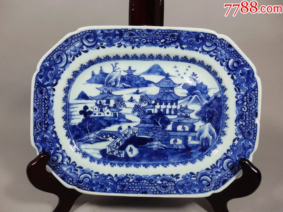 青花山水楼台开窗绘画方盘-se61559762-青花瓷-零售-7788收藏__中国