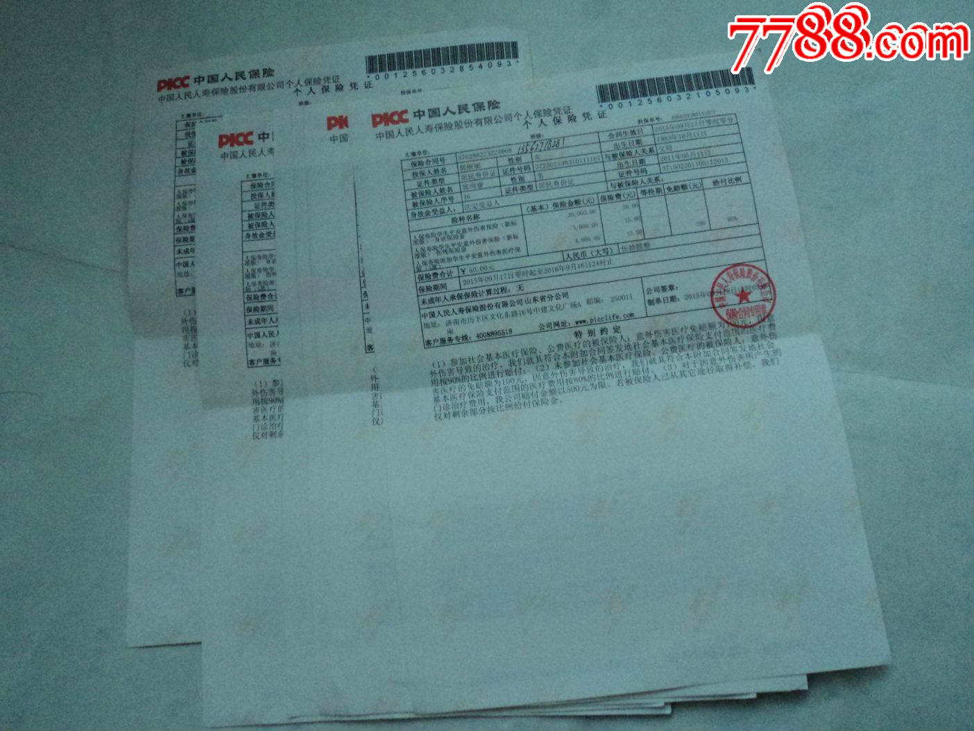 个人保险凭证5张