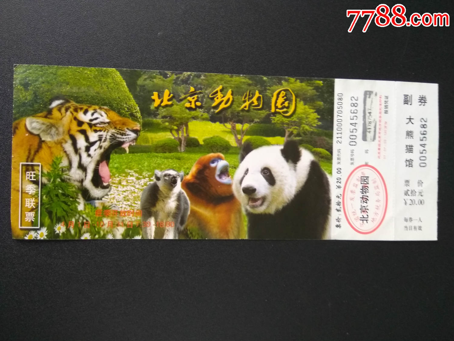 入场券(北京动物园--)熊猫图;完整有副券