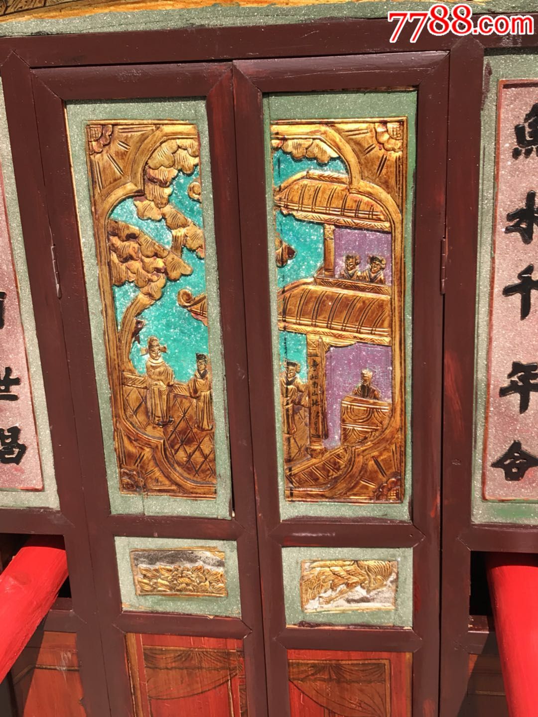民国柏木描金纯手工高浮雕古代人物.花轿带轿杆一套.