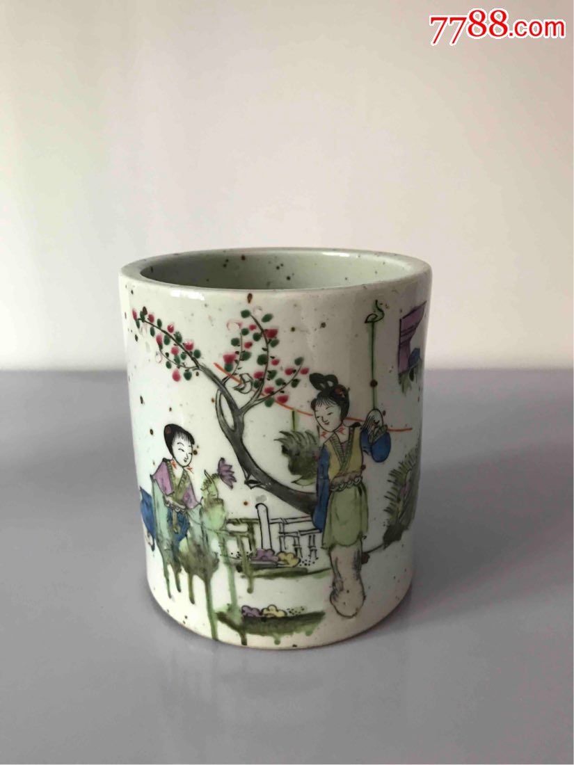 民国浅绛彩仕女图笔筒名家作品