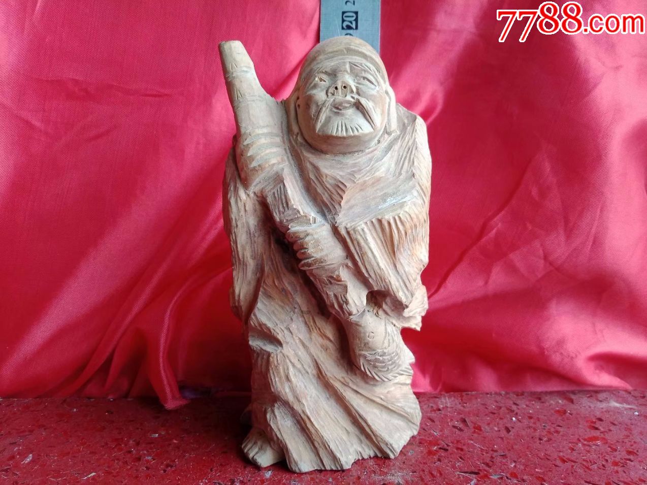 包邮一口价,鼻子小伤,黄杨木手工雕刻人物渔翁得利雕像摆件手玩