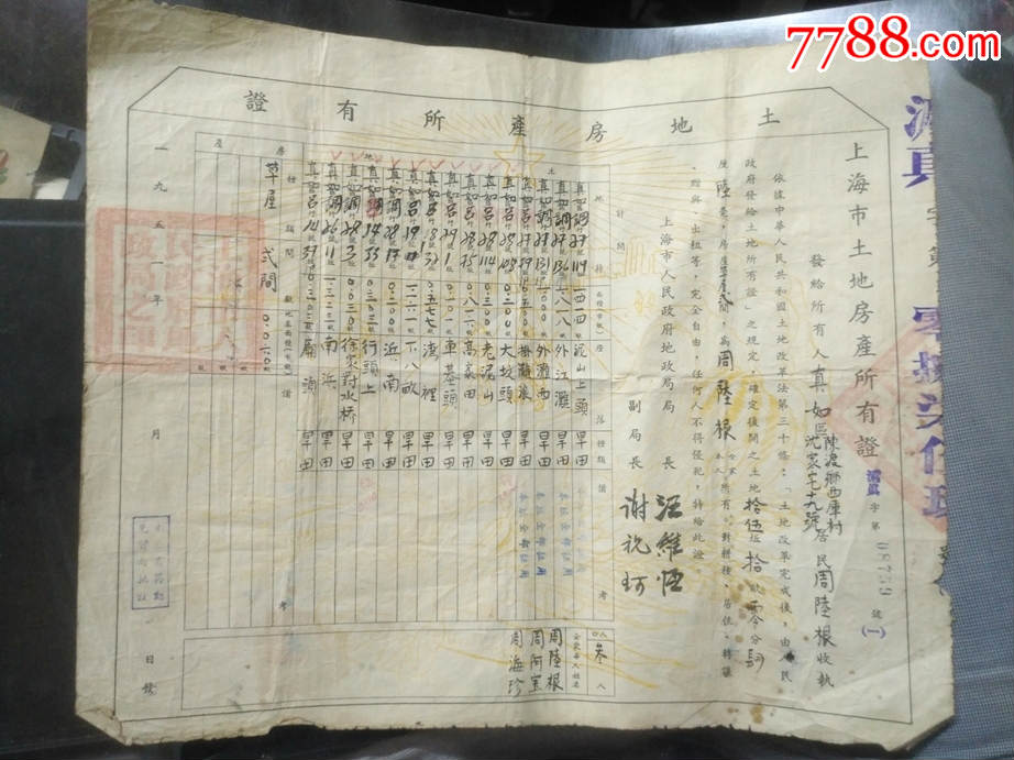 1951年上海市土地房产所有证2张,尺寸32x27