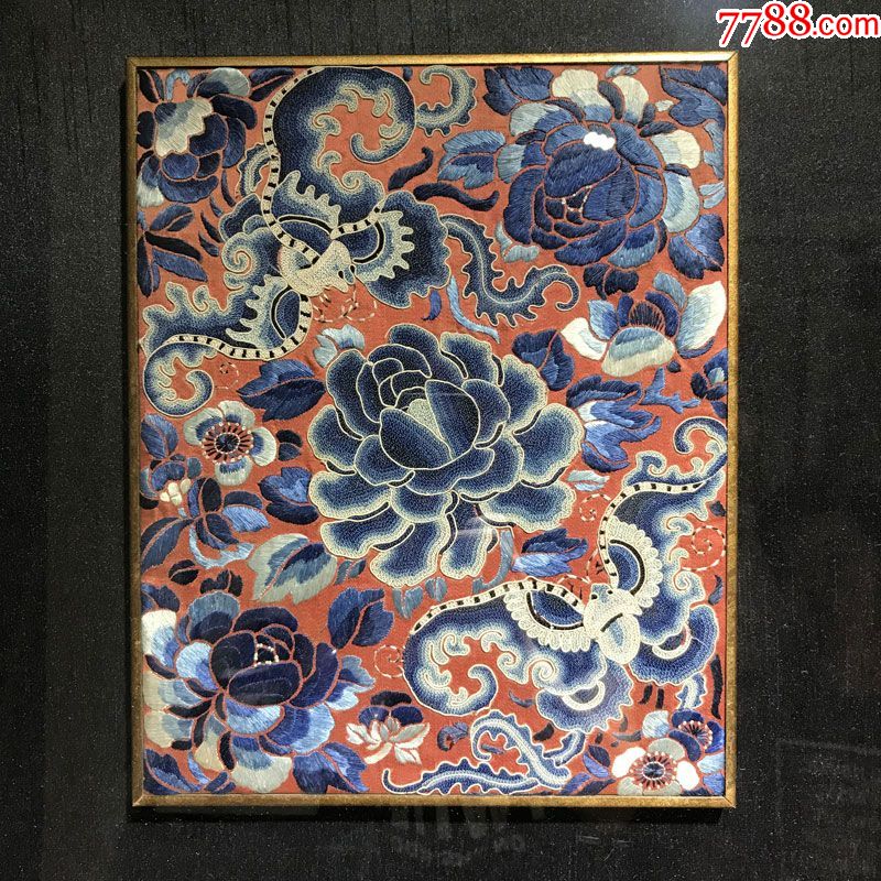 清代三蓝绣挂画一对老绣片老刺绣老绣品客厅挂屏装饰苏绣古玩古董