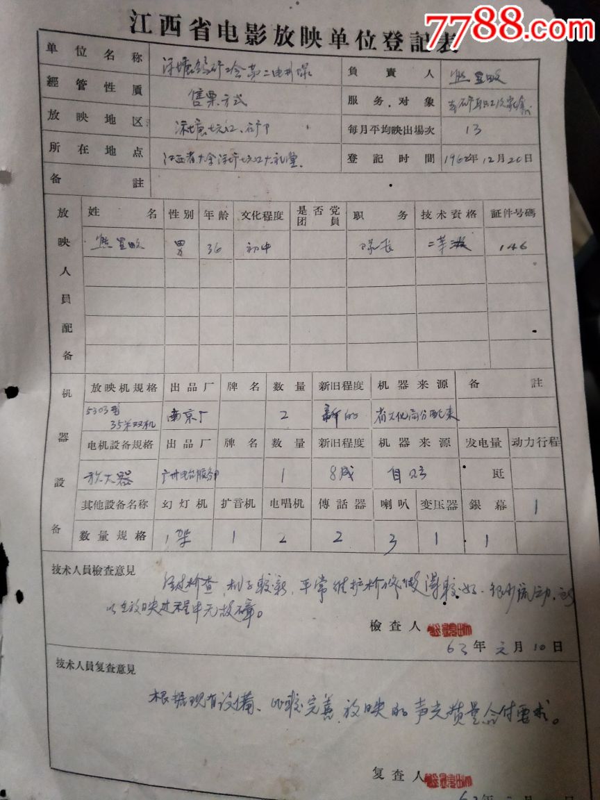 62年电影反映单位技术登记审核申请书