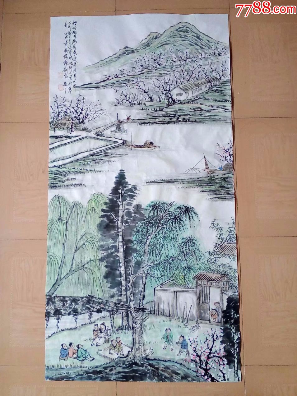 保真纯手工绘画山水画国画配人物画,世外桃源图,四尺中堂大尺寸