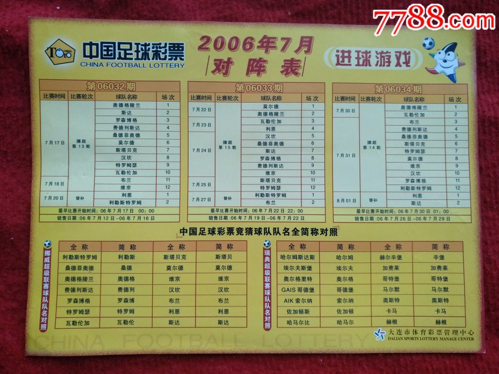 中国足球彩票,2006年7月对阵表(大连市体育彩