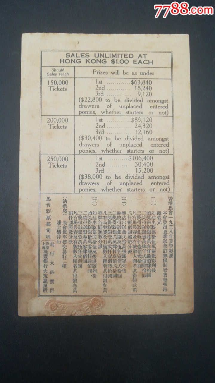 1938年香港马会跑马奖券彩票