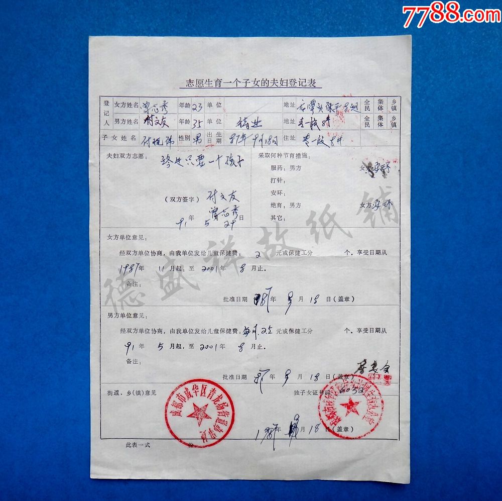 87年四川成都市金牛区计划生育委员会志愿生育一个子女的夫妇登记表