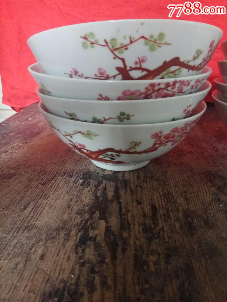 七十年代手绘一品红梅碗一桌八个