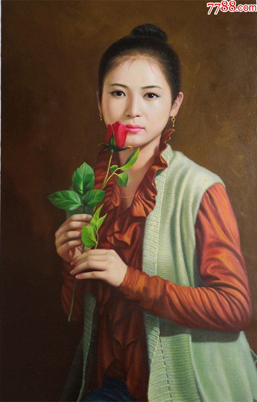 朝鲜一级画家申宇超写实人物美女拿玫瑰花的女孩油画