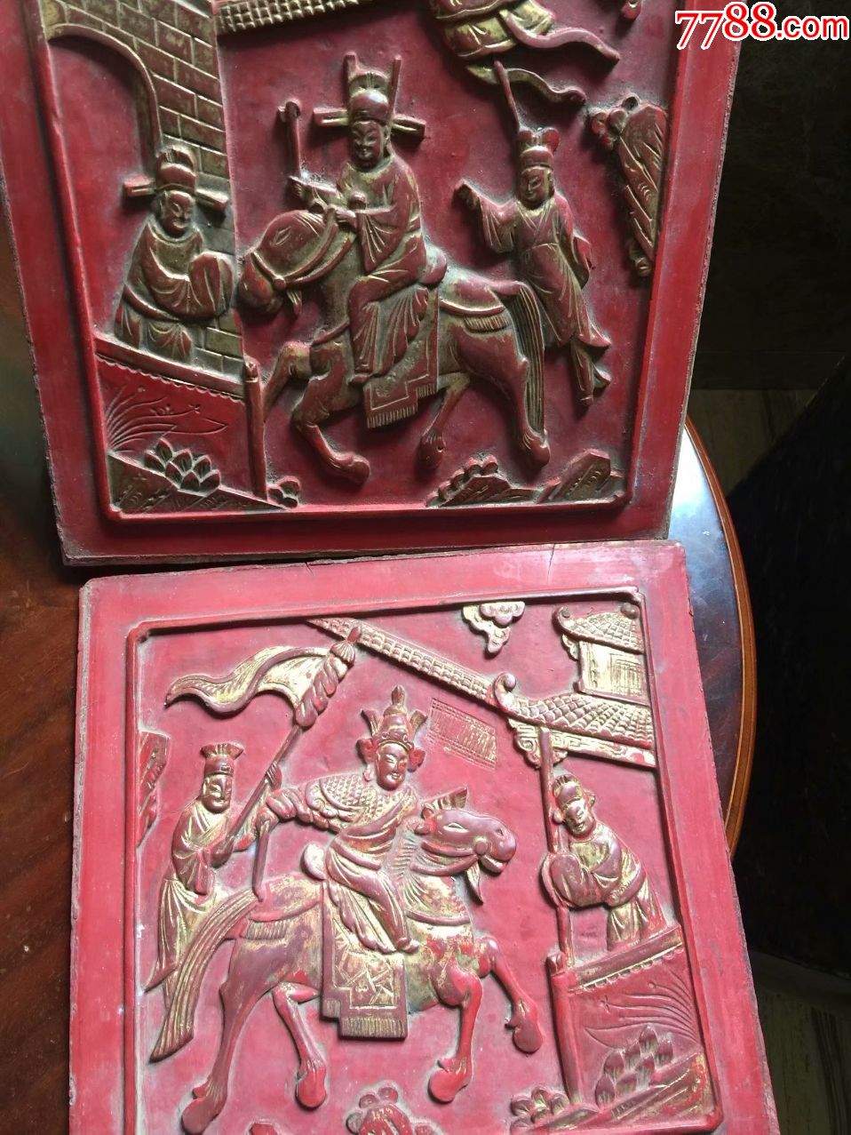 清代"文武状元"木雕画板一对.