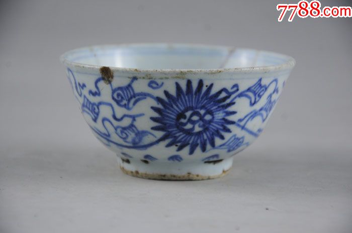 清三代雍正菊花纹玉璧底小碗茶碗景德镇青花瓷老瓷器包老包真古董