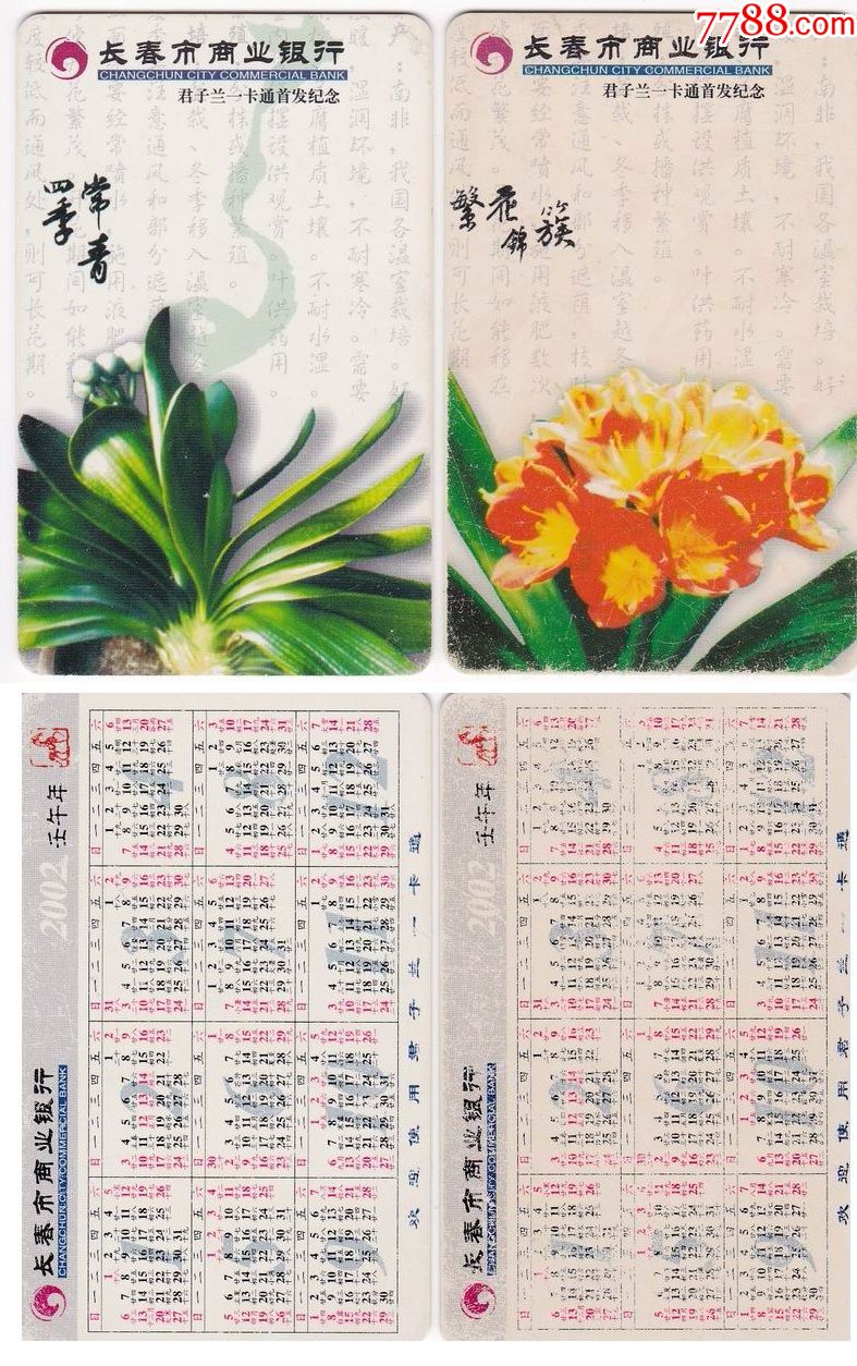 塑料卡,套卡,,植物,,,,, 简介: 长春商行2002年历卡-君子兰一卡通首发