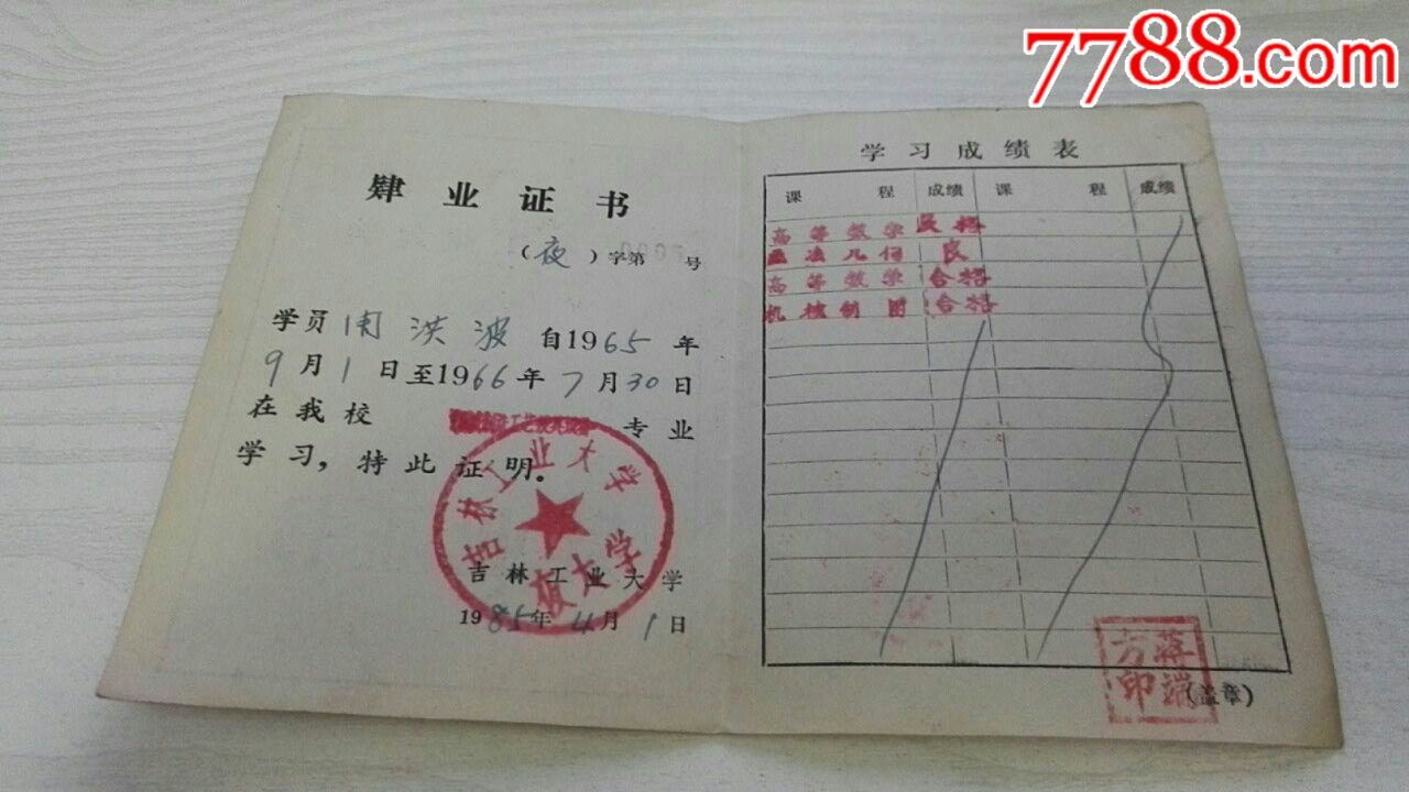 吉林工业大学肄业证书1985