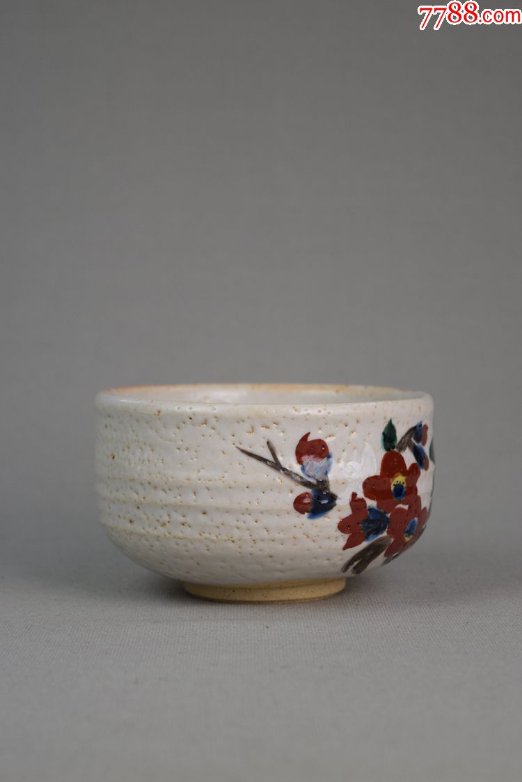 日本古董收藏品茶道茶具茶器九谷烧松月作雪地梅花茶碗包邮推荐