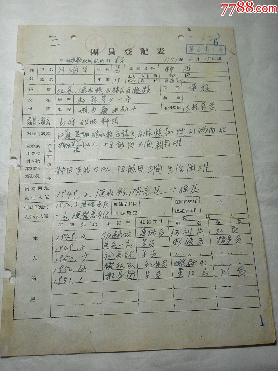 1951年团员登记表