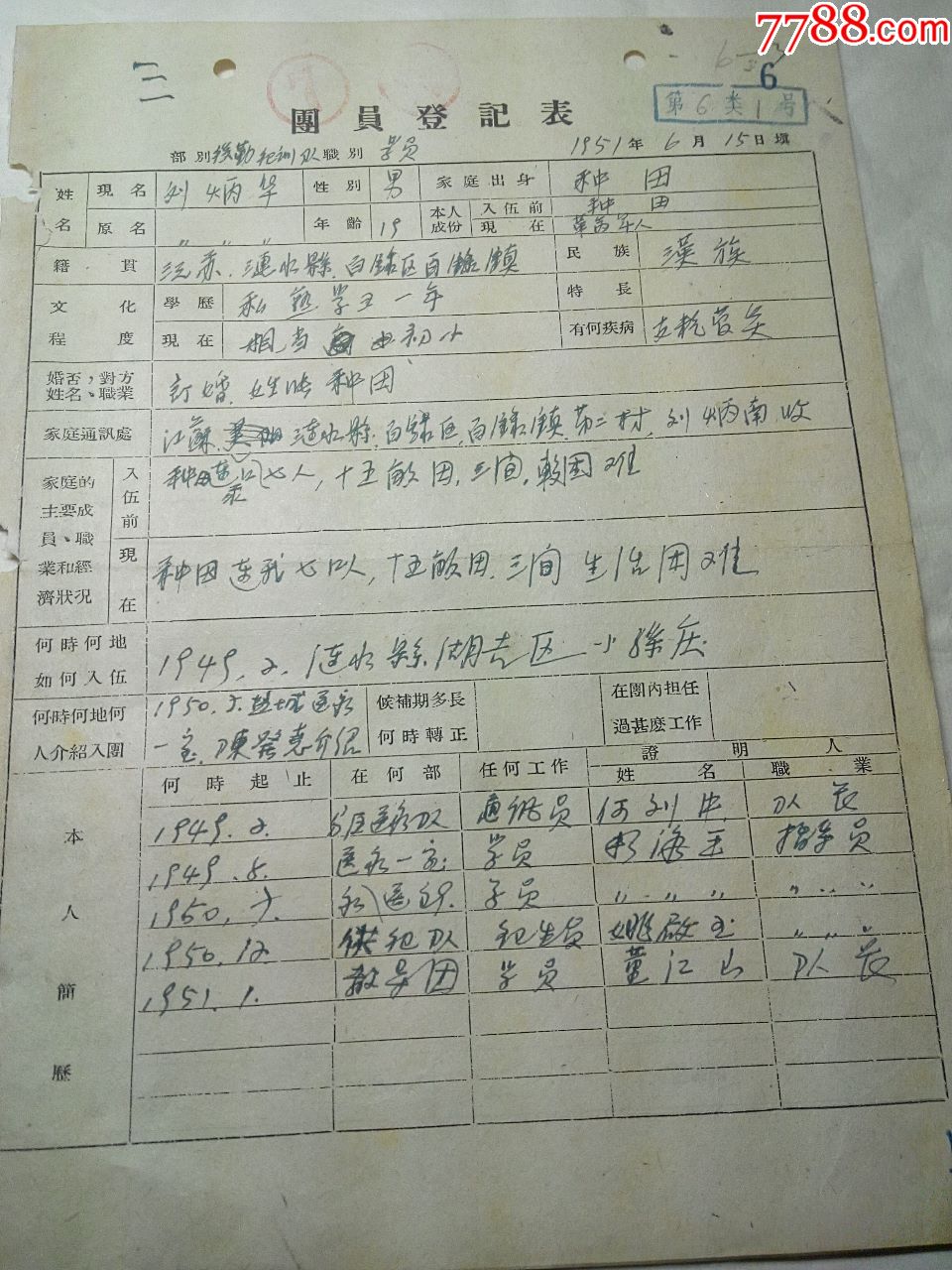 1951年团员登记表