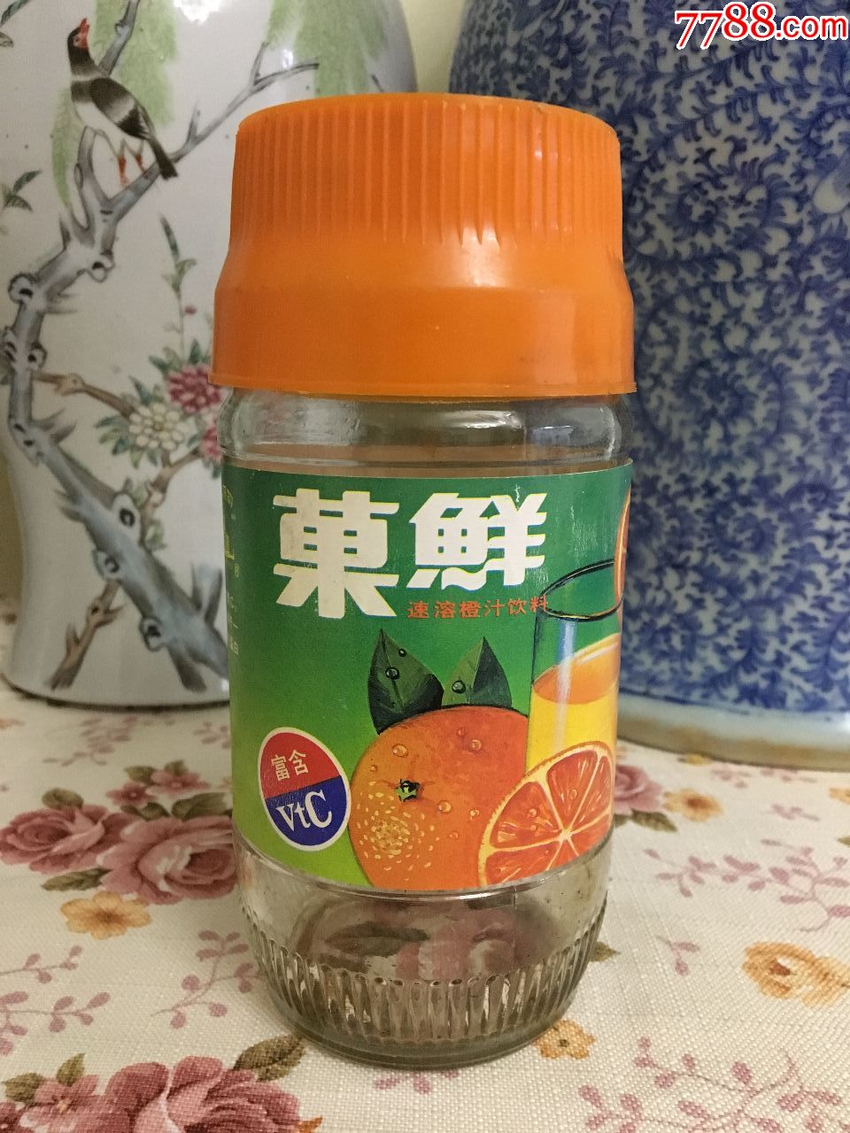 90年代大楼牌果鲜速溶橙汁饮料标及玻璃瓶-天津本地的果珍饮料