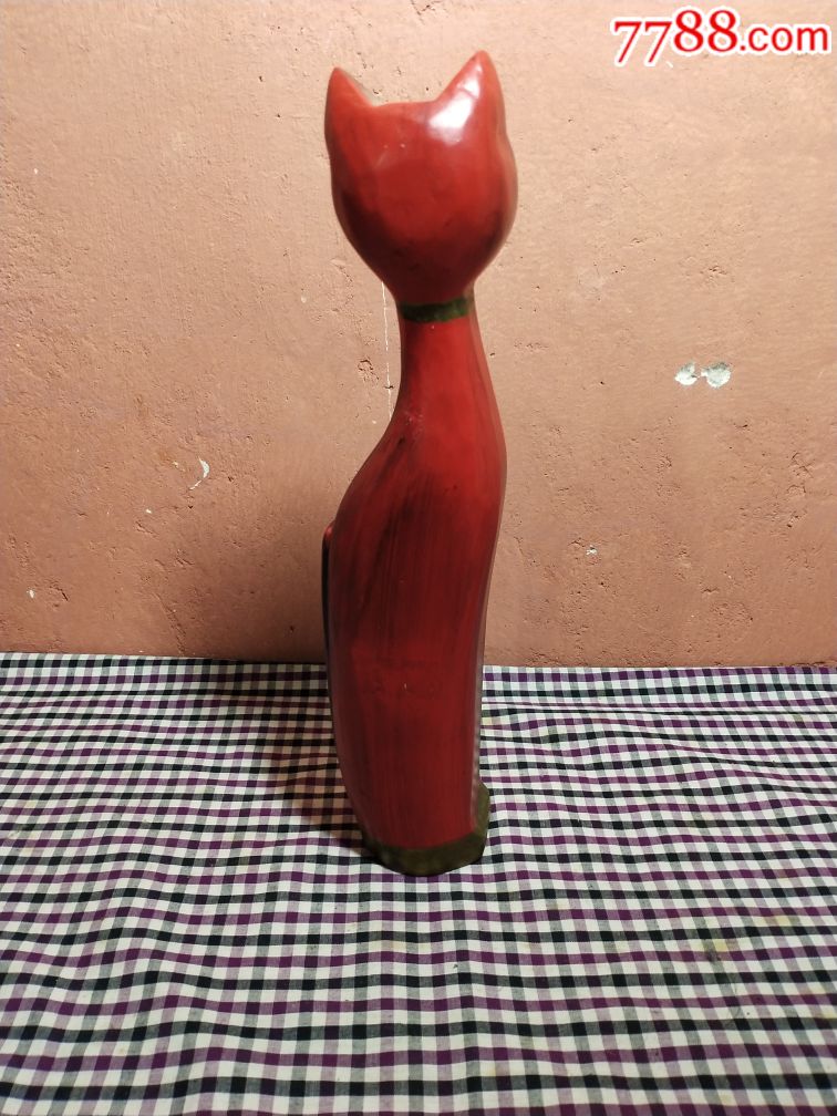 朱红漆木雕猫咪