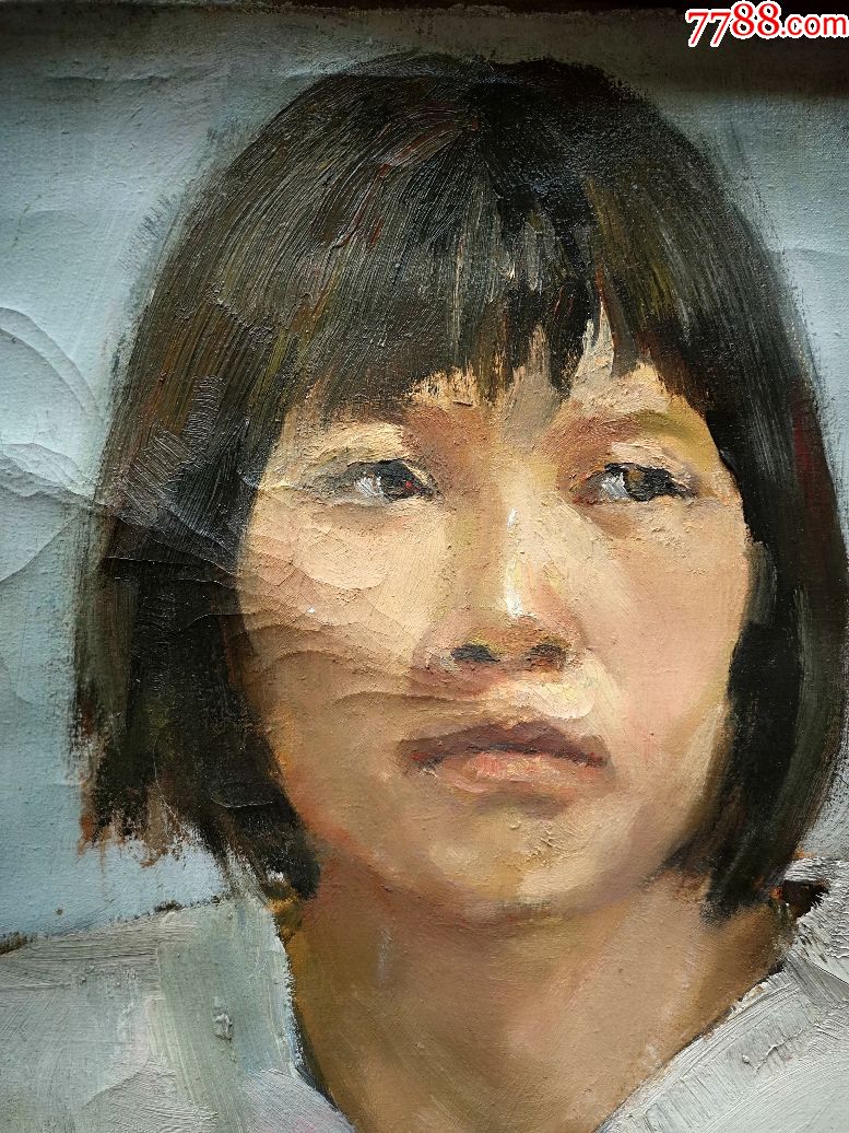 早期大幅刀笔肖像油画《短发女青年肖像》