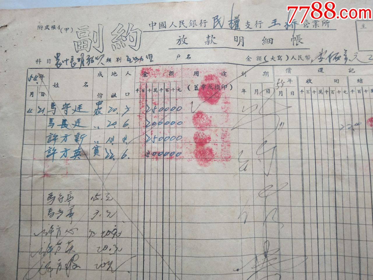 1955年中国人民银行民权支行王桥营业所放款明细账副约附农贷还款证明