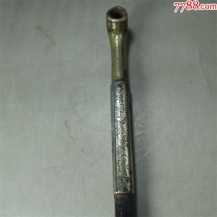 清代白铜簪花烤蓝镶黄铜诗文带款漆器烟杆包老古董古玩烟斗