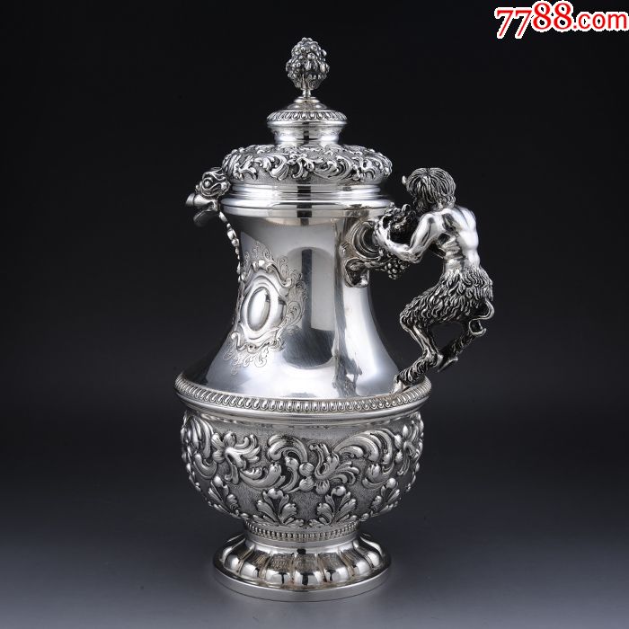 近2500克意大利19世纪牧神潘恩纯银宴会红酒壶九五品西洋古董银器