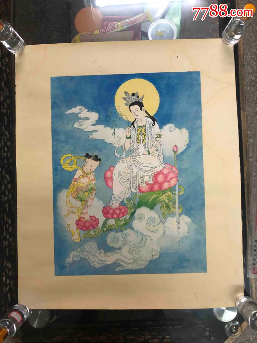 包邮早期非常漂亮精美工笔水墨画童子拜观音