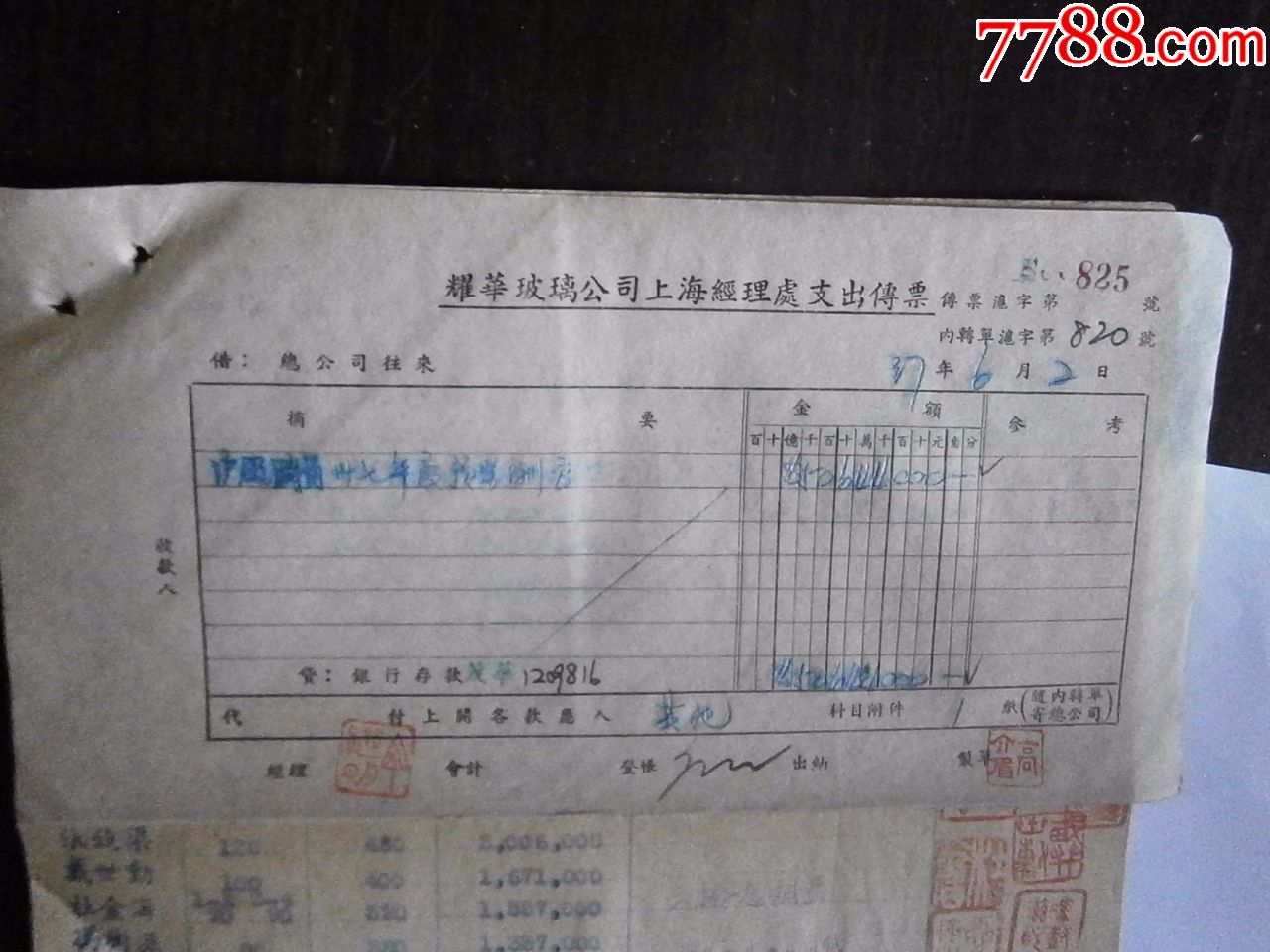 耀华玻璃公司上海工厂37年度职员酬劳预借表