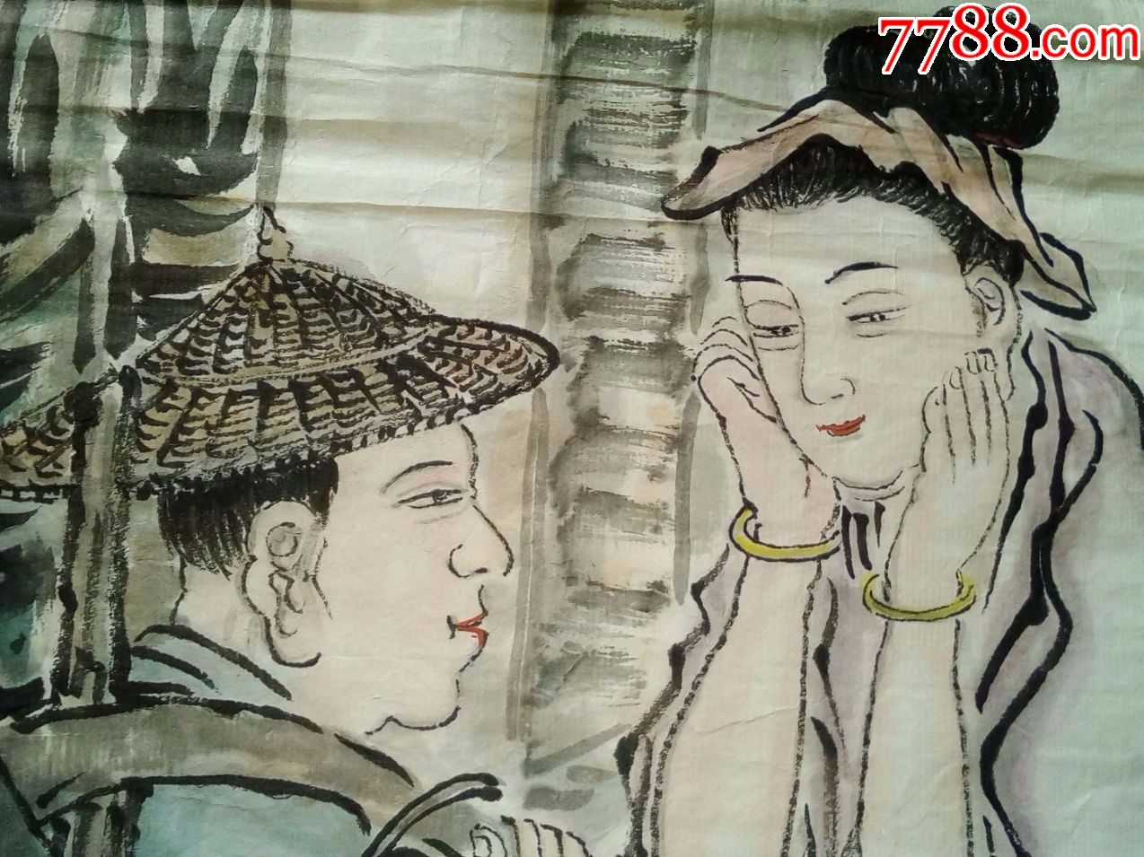 本地名家纯手工绘画人物画国画男耕女织夫妻恩爱有收藏价值