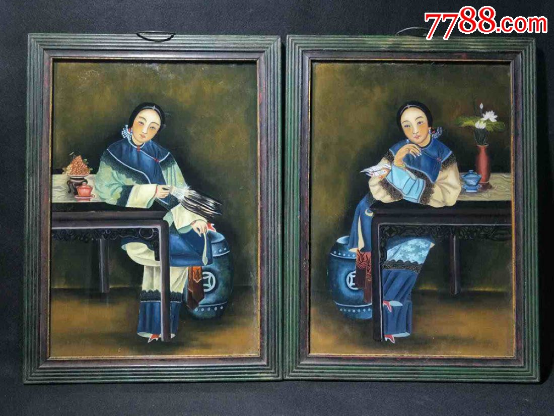 清代玻璃画挂屏一对